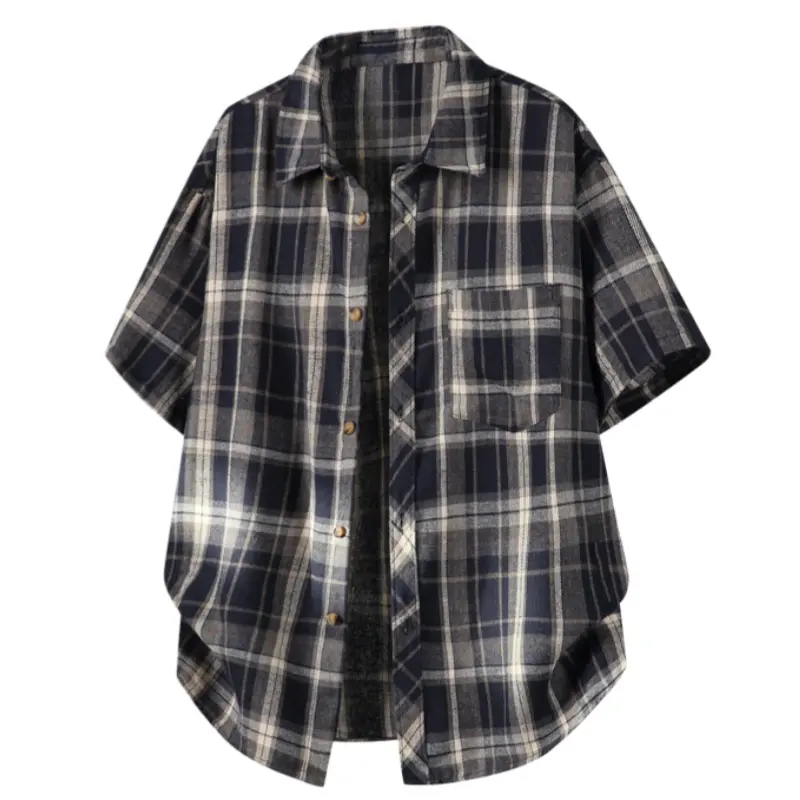 Men's Retro Checked Plaid Short-Sleeve Button-Up Shirt, Casual Loose Drop-Shoulder Streetwear, Lightweight Wrinkle-Resistant No-Iron Men's Clothing for Students, Streetwear Clothing, Do Not Iron
