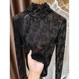 Thin High Neck Lace Camisole For Women, Ruffle Trim Mesh Undershirt 2024 Spring/Autumn New Arrival Fabric Long Sleeve
