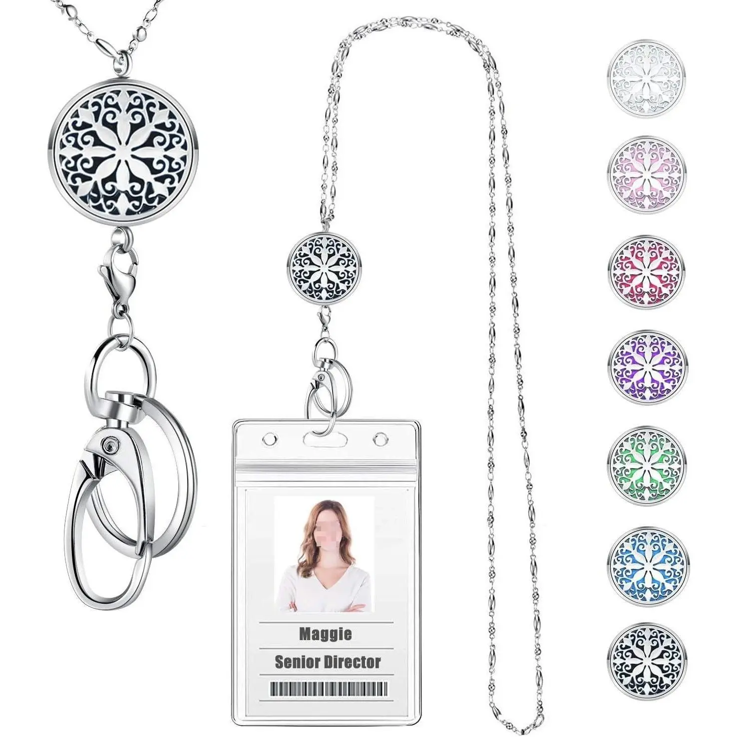 Women's Stainless Steel Mandala Aromatherapy Diffuser Lanyard Necklace - Multiple 3-Tree of Life Retractable, 34-In Rectangular Clip-On Daily ID Badge Holder with Felt Pads, Work Costume Jewelry Gift for Christmas, Co-Worker, Mothers Day
