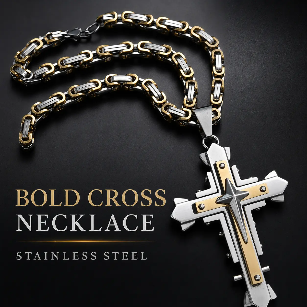 Men’s Stainless Steel Cross Design Necklace - 23.6in 2-Tone Layered Star Pendant Chunky Gothic Hip Hop Daily Wear Necklace, Gold Chain Jewelry for Gifting