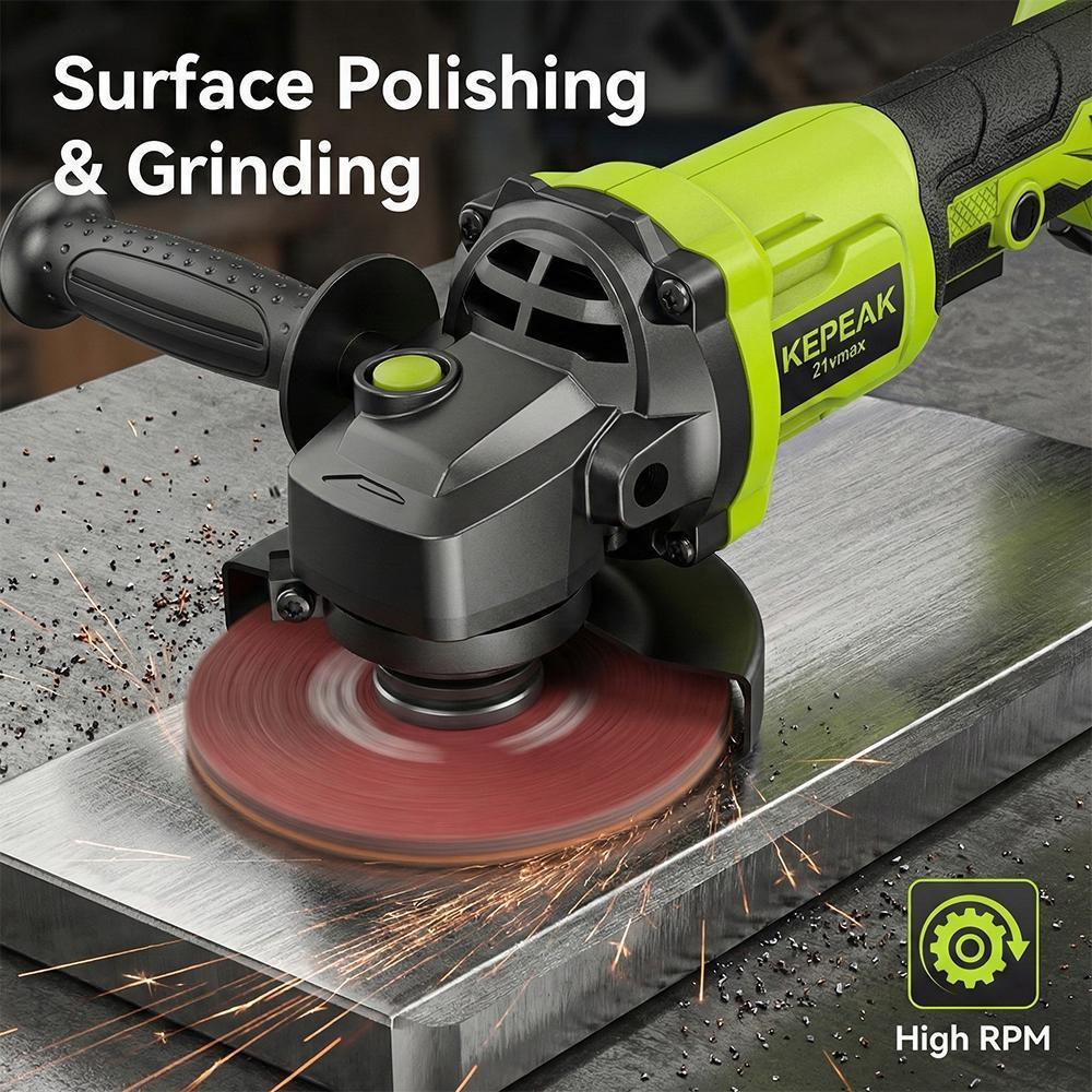 【BackToSchool】21V Brushless Motor 4" Cordless Angle Grinding Machine Full Kit - 450W Power Tool with 1300mAh Battery, Charger, Metal Cutting Discs, Grinding Wheel, Self-Adhesive Backing Pad & Accessories for DIY Home Improvement, Workshop Tasks