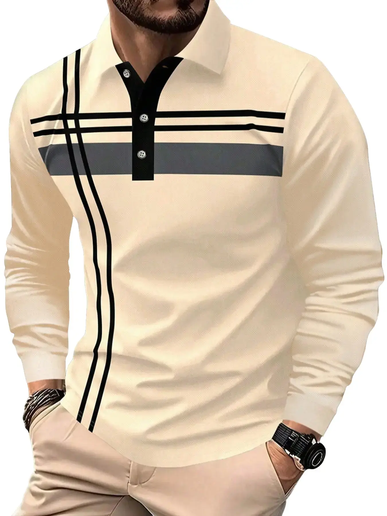 Men's Striped Print Button Front Classic Casual Golf Polo Shirt, Polo Style Regular Fit Casual Long Sleeve Collared Top for Spring & Fall, Fashion Men's Clothes for Daily Wear Striped Polo Shirts