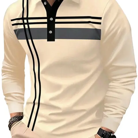 Men's Striped Print Button Front Classic Casual Golf Polo Shirt, Polo Style Regular Fit Casual Long Sleeve Collared Top for Spring & Fall, Fashion Men's Clothes for Daily Wear Striped Polo Shirts