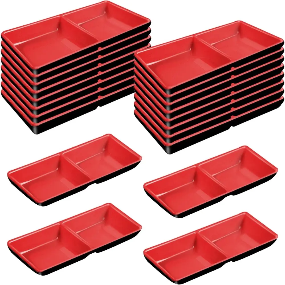 16 Pcs Dual Dipping Sauce Bowls with Two Compartments Melamine Soy Sauce Dish Divided Fondue Plates Party Trays for Kitchen Sushi Restaurant (Black,Red)