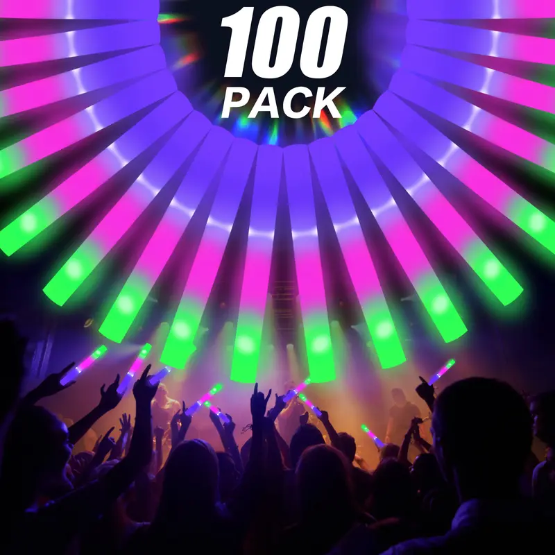 100Pack LED Foam Sticks Multi-Color Glow Sticks with 3 Flash Modes Battery-Powered High-Reflective Polymer for Parties Music Festivals Graduations Halloween Favors New Year Wedding Carnival Camping Party Decoration Gifts for Birthday Anniversary Plastic