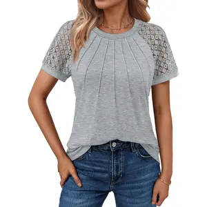 Women's Lace Short Sleeve Tops - Pleated Business Casual Work Shirts for Summer