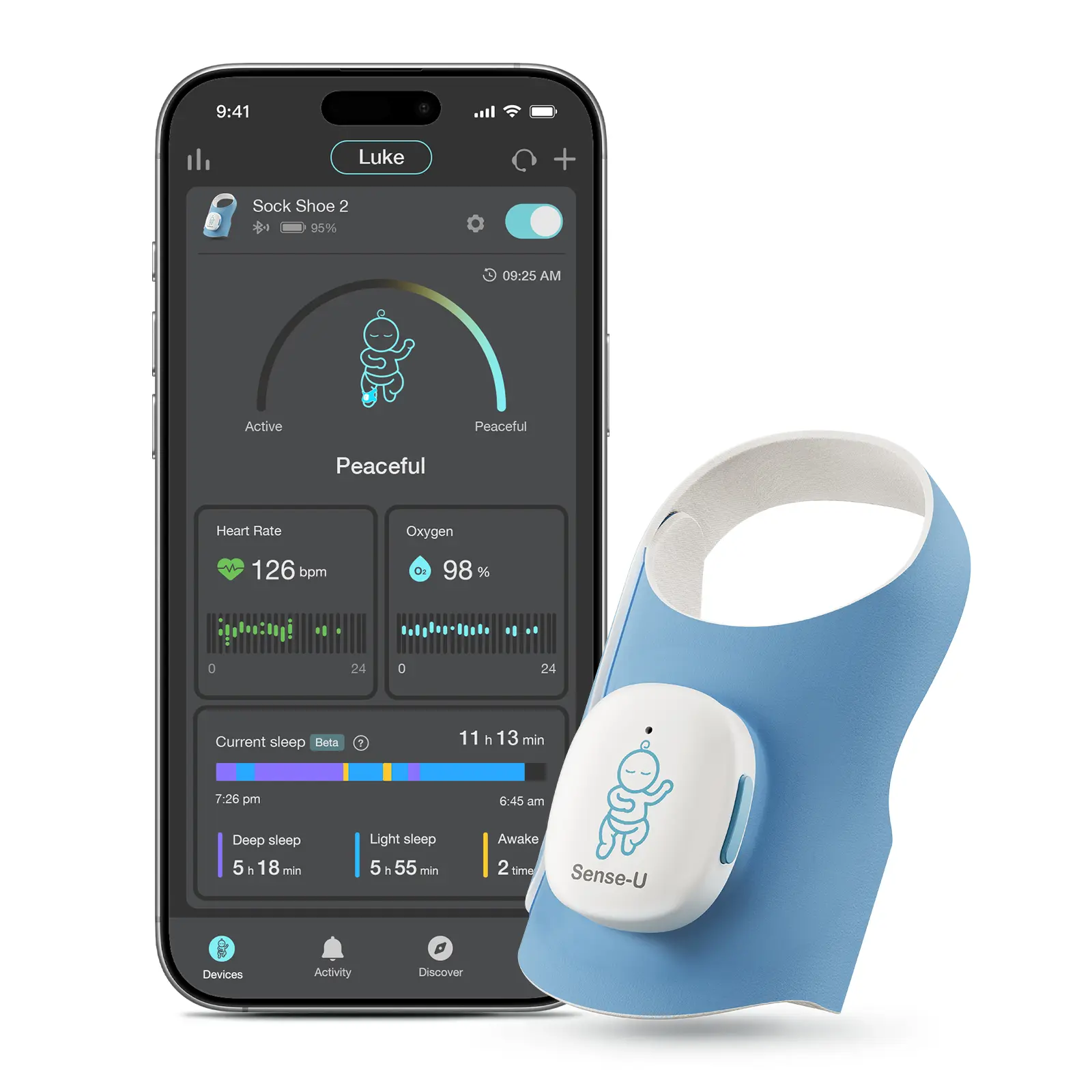 Sense-U Smart Sock Shoe 2 Baby Monitor with Transmissive Foot Sensor, Sleep Pattern Tracking, Audible and App Notifications, for Babies 1 to 12 Months