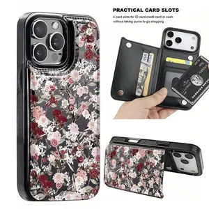 Trendy Fashionable Artistic Floral Theme Shockproof Painted Leather Card Holder Phone Case,for iPhone 17 Pro Max Phone Case 17 Air 16 15 Plus 14 13 12 , Samsung Galaxy S25 ULTRA FE Plus S22 S23 FE S24 Plus