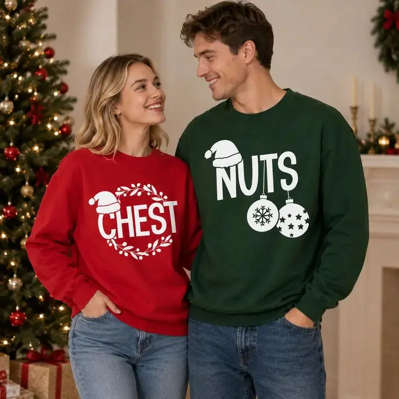Funny Christmas Couple Sweatshirt - T-shirt, Chest Nuts Matching Holiday Crewneck, Naughty Christmas Sweater for Couples, His and Hers Xmas Shirts, Funny Holiday Party Gift