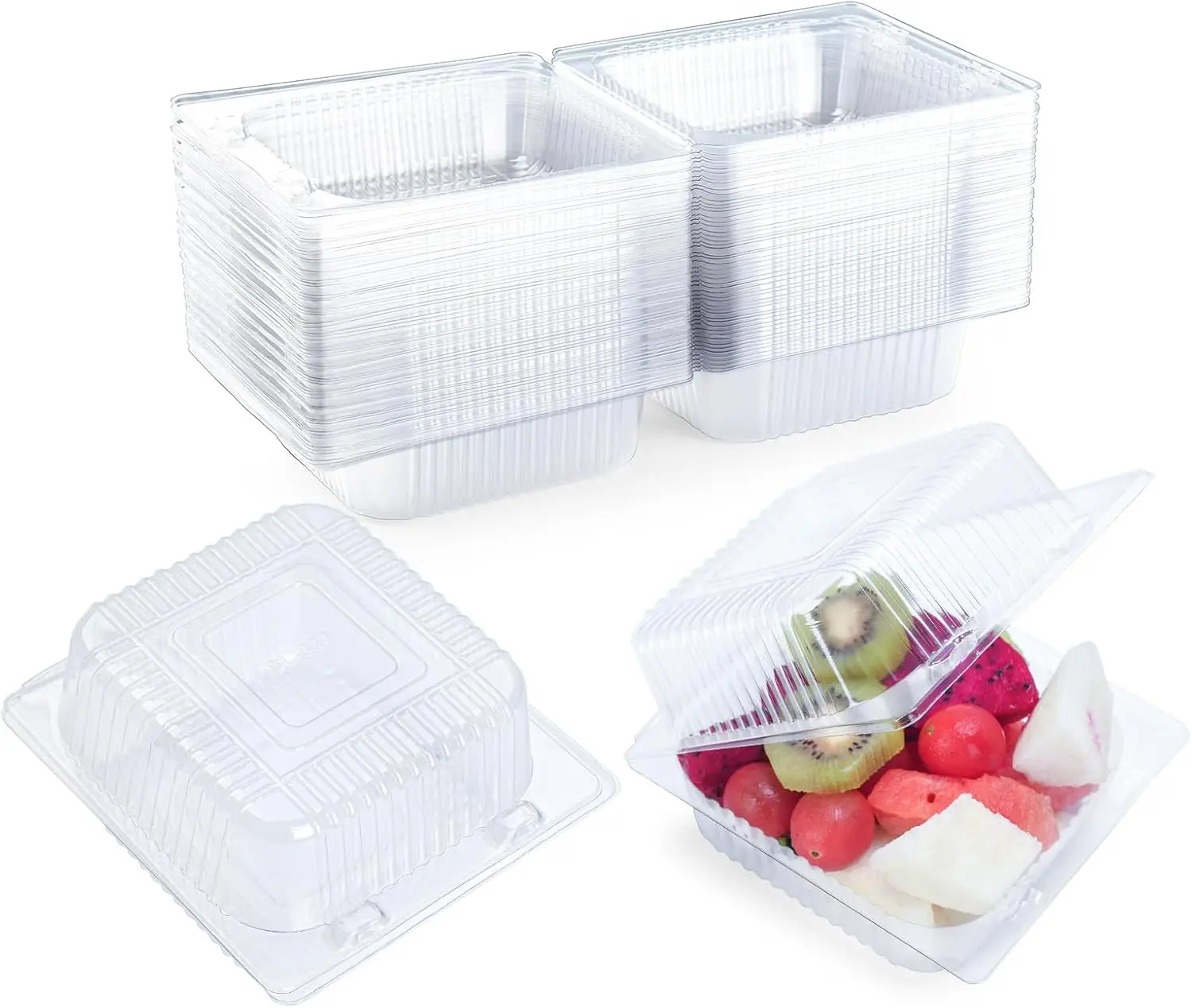 50 Pack Clear PET Clamshell Food Containers with Hinged Lids, 5.3 x 4.7 x 2.8 Inch Disposable Takeout Boxes for Cake, Sandwiches, Desserts, Burgers, Salads & Pastries