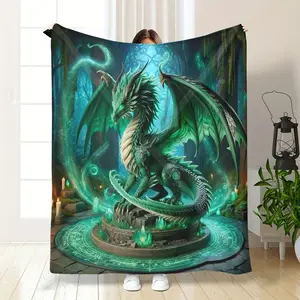 Comfortable Dragon Pattern Flannel Shawl Blanket, Multi-Functional, Suitable For All Seasons, Suitable For Home And Travel, Machine Washable