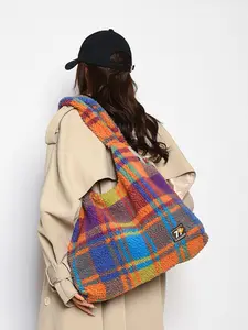 Women's Winter Lamb Wool Simple Colorblock Tote Bag, Large Capacity Fashion Handbag, Stylish Casual Shoulder Bag for Ladies