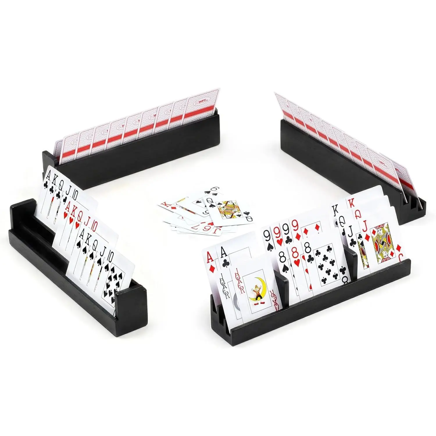 Playing Card Holder for Seniors Adults, Wooden Card Holders for Playing Cards, Set of 4 Hands Free Card Racks for Bridge Canasta Poker Rummy, Wide Slots, Detachable Divider, Black, 11.8 x 1.9 x 2.1 in
