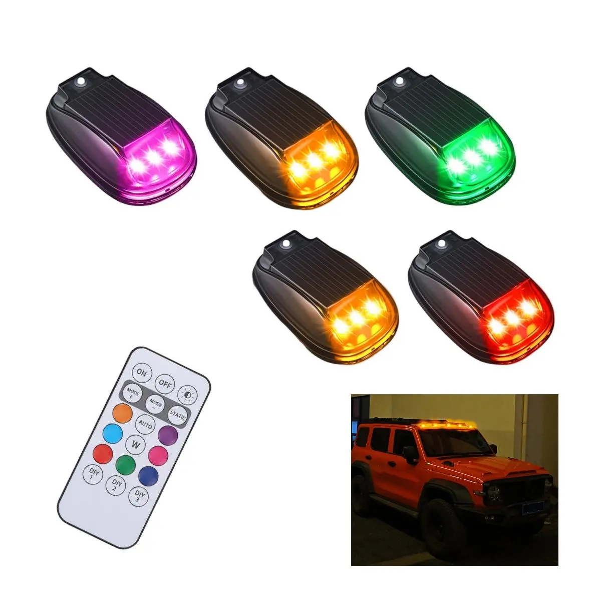 5pcs Solar Powered Car Roof Light, Eight Colors Car Cab LED Light, No Drill Car Cab Light, Car Lighting Accessories, Universal Car Accessories for Pickup Trucks Suv, Led Car Lights