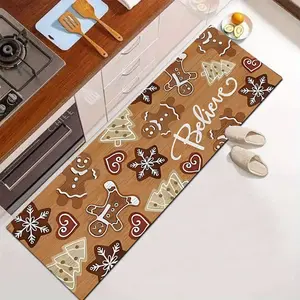 1 Piece Christmas Home Decorative Rug in Brown Color with Gingerbread Man, Snowflake and Christmas Tree Elements, non-slip floor mat made of diatomite material, suitable for Sink, Bedroom, living room, dining room, Christmas decoration