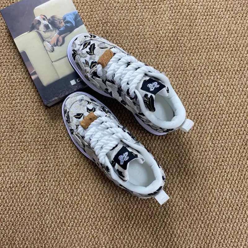 Chunky Casual Trainers in Beige Gold, Unisex Jacquard Canvas Streetwear Shoes with Thick Rope Laces, Wide Toe & Thick Sole, Wide-Foot Casual Trainers