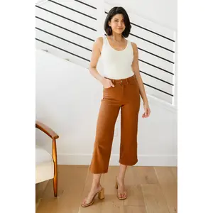 Judy Blue Briar High Rise Control Top Wide Leg Crop Jeans in Camel
