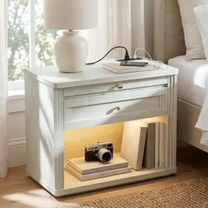 STO'SENSE 31" Wide Nightstand, Extra Large Night Stands with Charging Station & Led Light, Oversized Nightstand Bedside Table with Drawers & Pull-Out Tray, End Table for Bedroom, White Oak