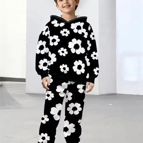 Casual Set, Base with Floral All over Print, Perfect for Fall and Winter, Adorable Fitted Style for Active Kids, Clothing Set, Clothes for Kids, Outfit Sets, Outfits Set