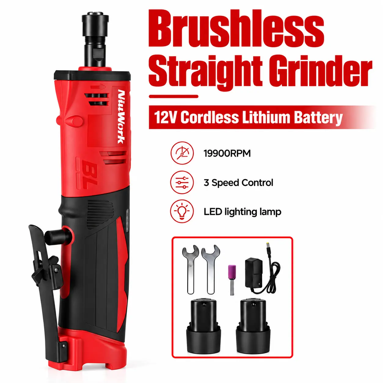 NiuWork 12V Brushless Cordless Die Grinder, 3 Variable Speed High Precision Tool, 2 Pack 2.0Ah Batteries, Electric Grinding Tool for Deburring Polishing Metal Working
