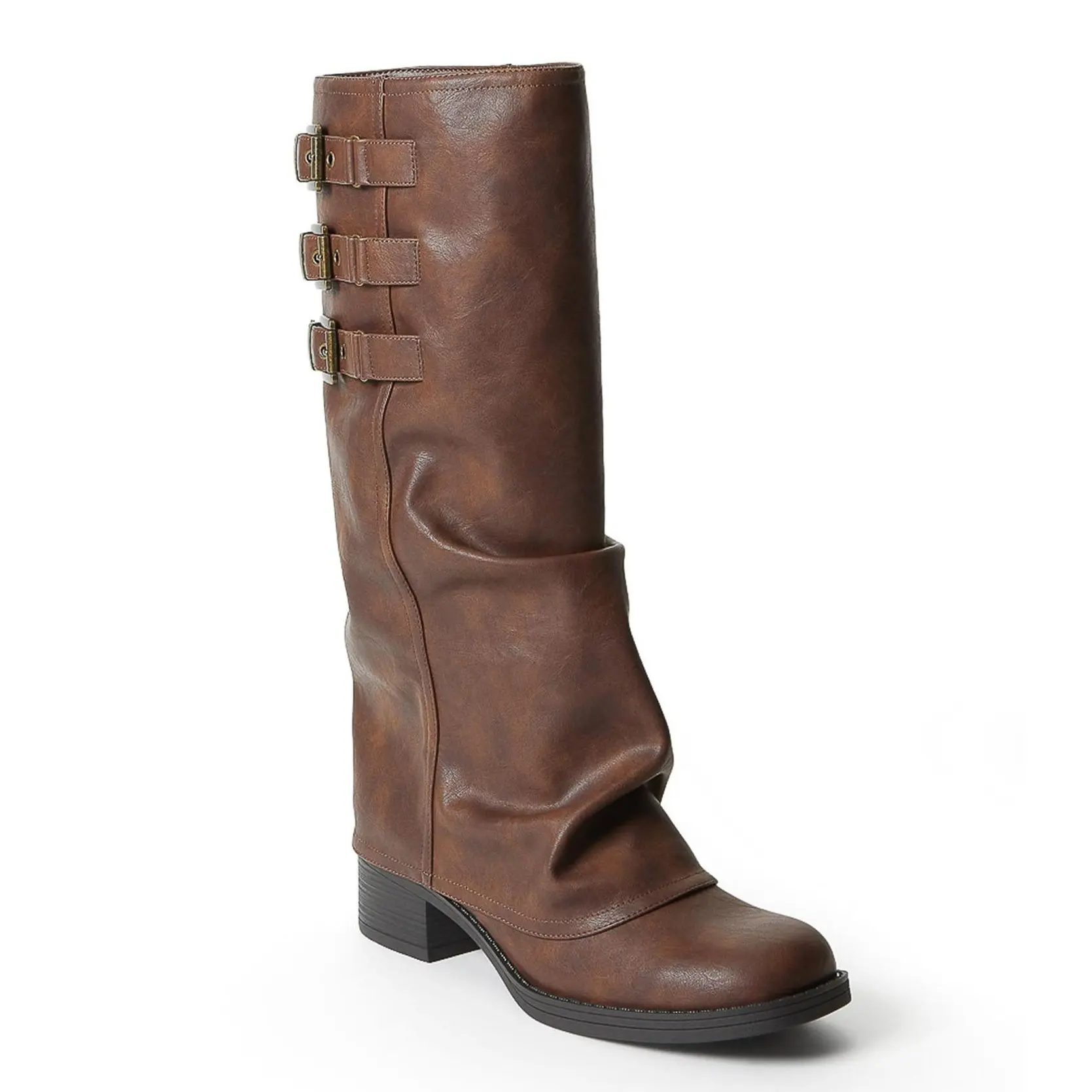 JUST FAB Women's Vintage Moto Slouch Mid Calf Boots, Triple Buckle Block Heel Western Boots, Faux Leather Riding Boots for Fall Winter Casual Streetwear