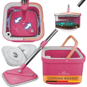 Spin Mop and Bucket Set with Wringer - Dual-Chamber Self Wringing Flat Microfiber Mop for Hardwood Tile & Vinyl Floors, comes with 2 Washable Replacement Heads, 63" Handle, Pink