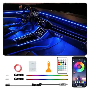 Wireless Car LED Atmosphere Lamp 110cm+110cm RGB Interior Lights, APP RF Remote Music Sync Sound Active 64Colors USB 5V Acrylic Car Decor Accessories