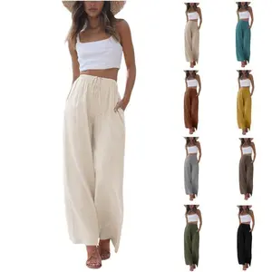 Women's Cotton Linen Palazzo Pants Flowy Wide Leg Beach Trousers with Pockets Lounge Trousers