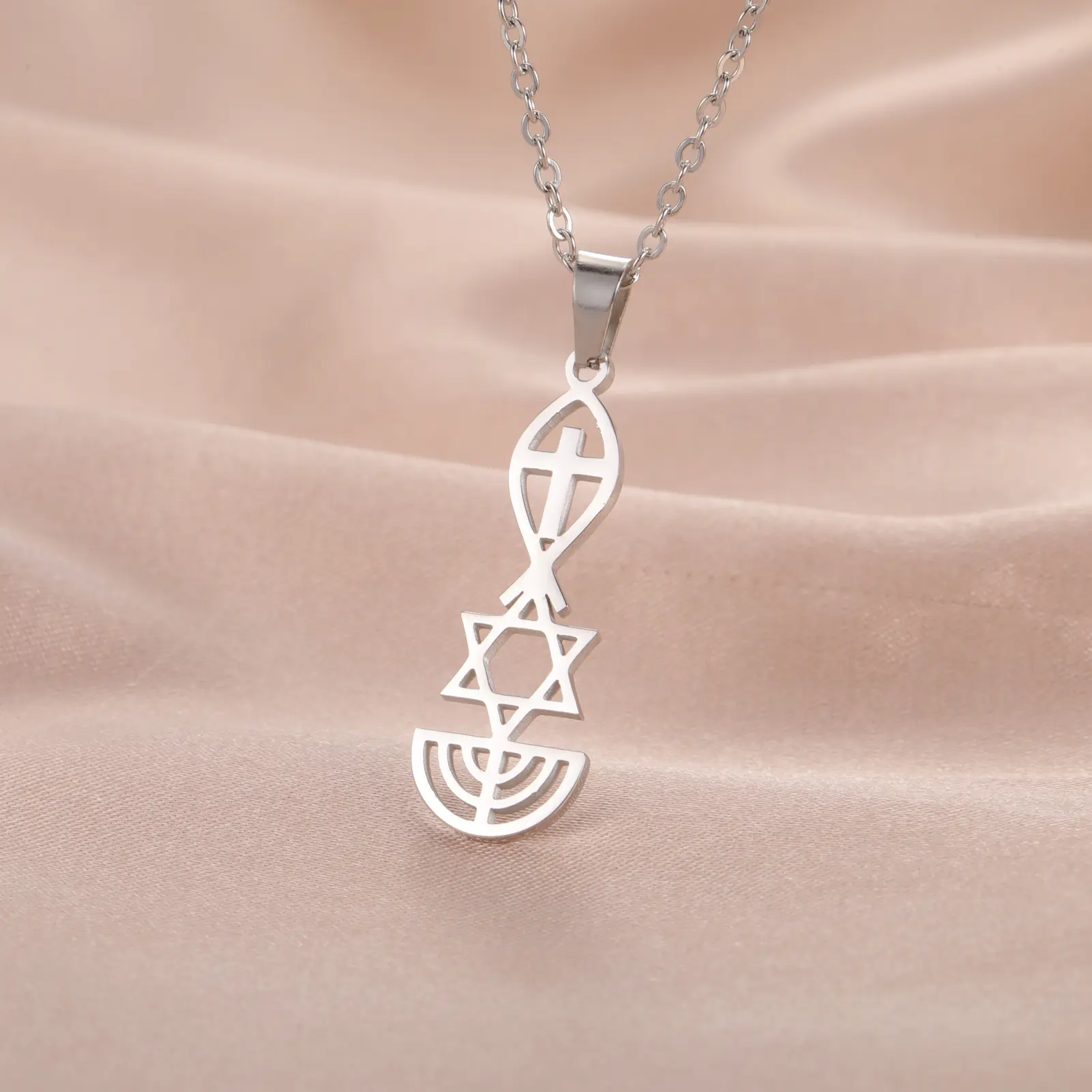 Cazador Jesus Fish Cross Necklace for Men Women Stainless Steel Star of David Double Layer Clavicle Snake Chain Amulet Jewelry