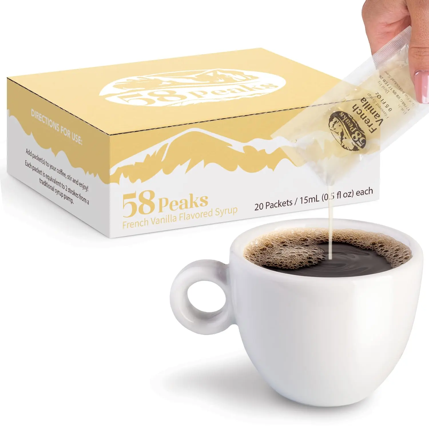 20 Count French Vanilla Syrup Packets for Coffee & Drinks, To-Go Single Serve Flavoring, 15mL, 58Peaks