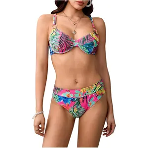 Women's 2 Piece Floral Bikini Set Ring Linked Underwire High Waist Bathing Suit Swimsuit