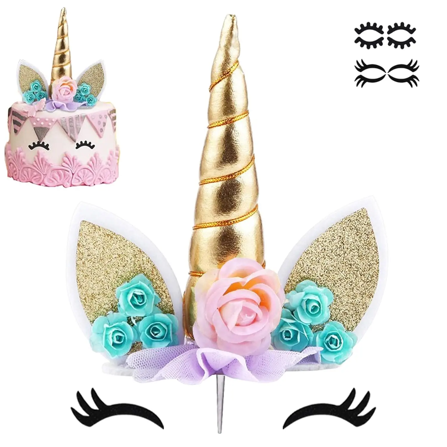 XY-SO43 Unicorn Cake Topper Birthday Party Supplies Unicorn Birthday Decorations Gold Horn Cake Topper Accessory with Eyelashes Cute Handmade Reusable Cake Toppers for Girls Kids Women 5.8 Inch Plastic Set