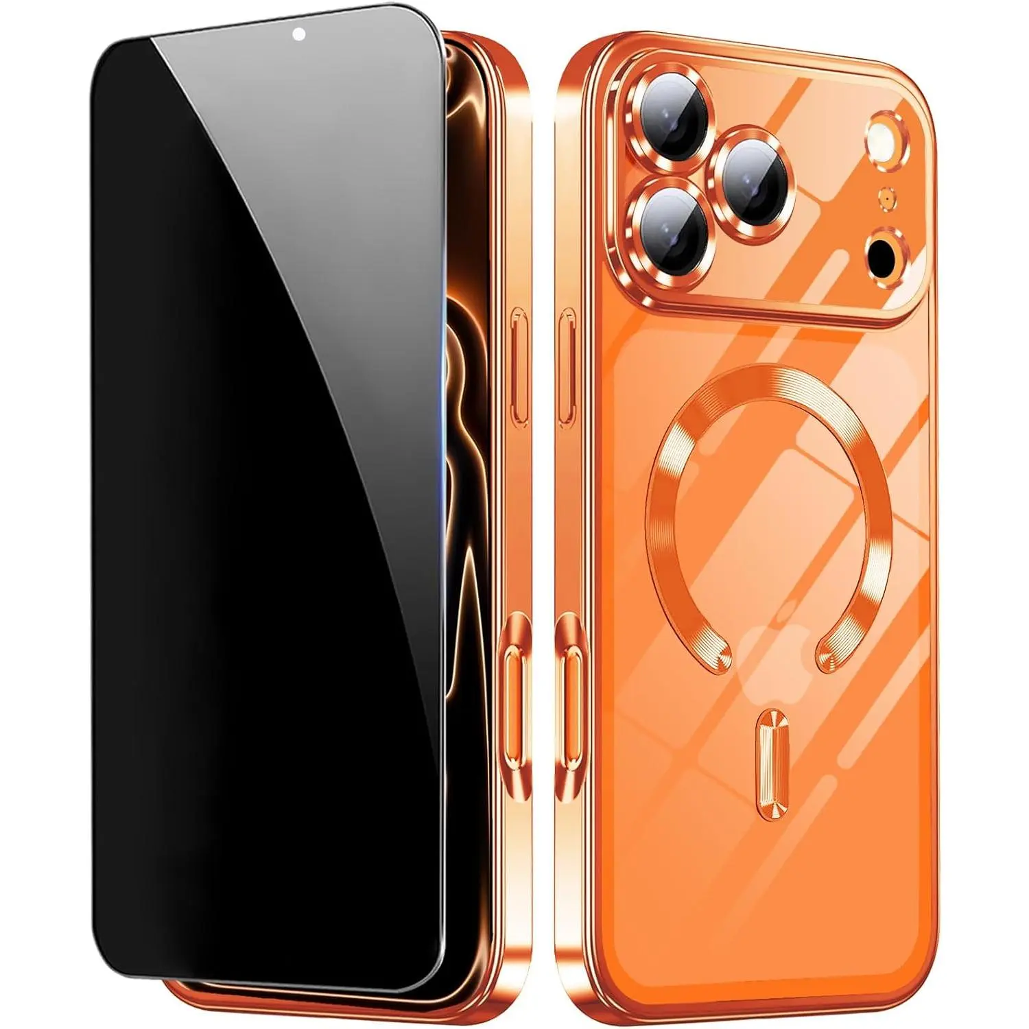 Magnetic for iPhone 17 Pro Max Case with Privacy Screen Protector & Full Camera Cover Compatible with MagSafe Shockproof Slim Clear Back Phone Case for iPhone 17 Pro Max Glossy Cover,Orange