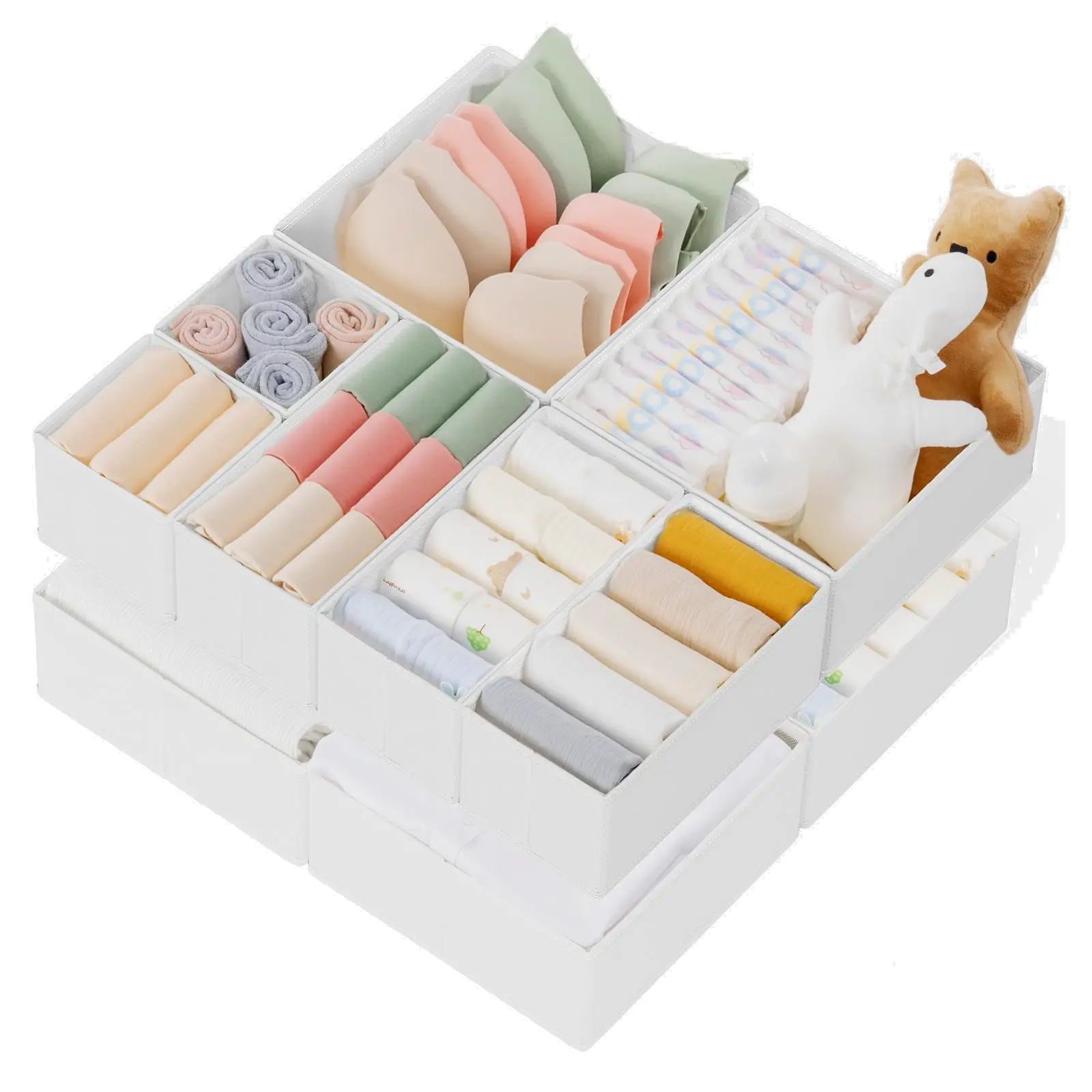 Criusia 10-Pack Classic Foldable Drawer Organizer Boxes for Baby Clothes - Lightweight Storage Organization Bedroom Items for Underwear, Socks (Beige/White)