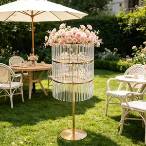 CNCEST 3-Tier Gold Metal & Acrylic Flower Stand with Crystal Pendants, 37.4in Heavy-Duty Centerpiece Riser for Wedding, Thanksgiving, Household Ornaments & Room Decor