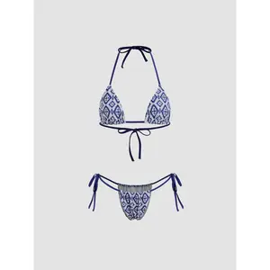 Cider Halter Neckline Geometric Floral Knotted Triangle Tie Side Bikini Set