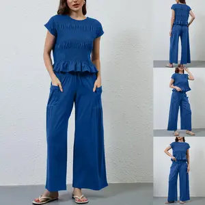 Molitree Women’s 2-Piece Smocked Top & Wide-Leg Pants Set–High-Waisted Lounge Outfit with Pockets Casual Boho Matching Set Clothes Ruffle Feminine Stretchy
