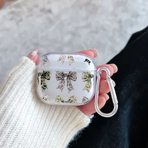 Camouflage Bow Delight Pattern Protective Case for AirPods 4/3/2/1/Pro/Pro2 Soft TPU Earphone Cover, Transparent with Keychain