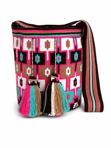 Handmade Wayuu Crossbody Bag – Geometric Crochet Bucket Bag, Colombian Artisan Shoulder Purse
