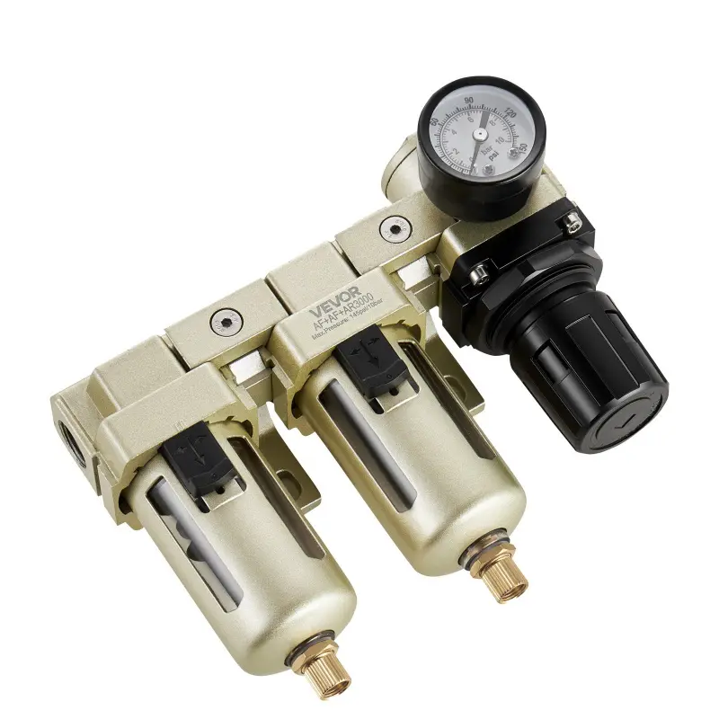 VEVOR Air Compressor Filter Regulator, 3/8" NPT Dual Stage Air-Drying System with 25μm + 5μm Brass Filter Element, Semi-Auto Drain Air Compressor Water Separator 145PSI Max Working Pressure, Poly Bowl, 145 Psi Max