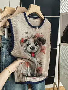 Women's Fitted Knit Top, Knitted, Animal, Colorblock Floral Pattern, Elegant Round Neck Sleeveless Design, Perfect for Spring Summer Fall