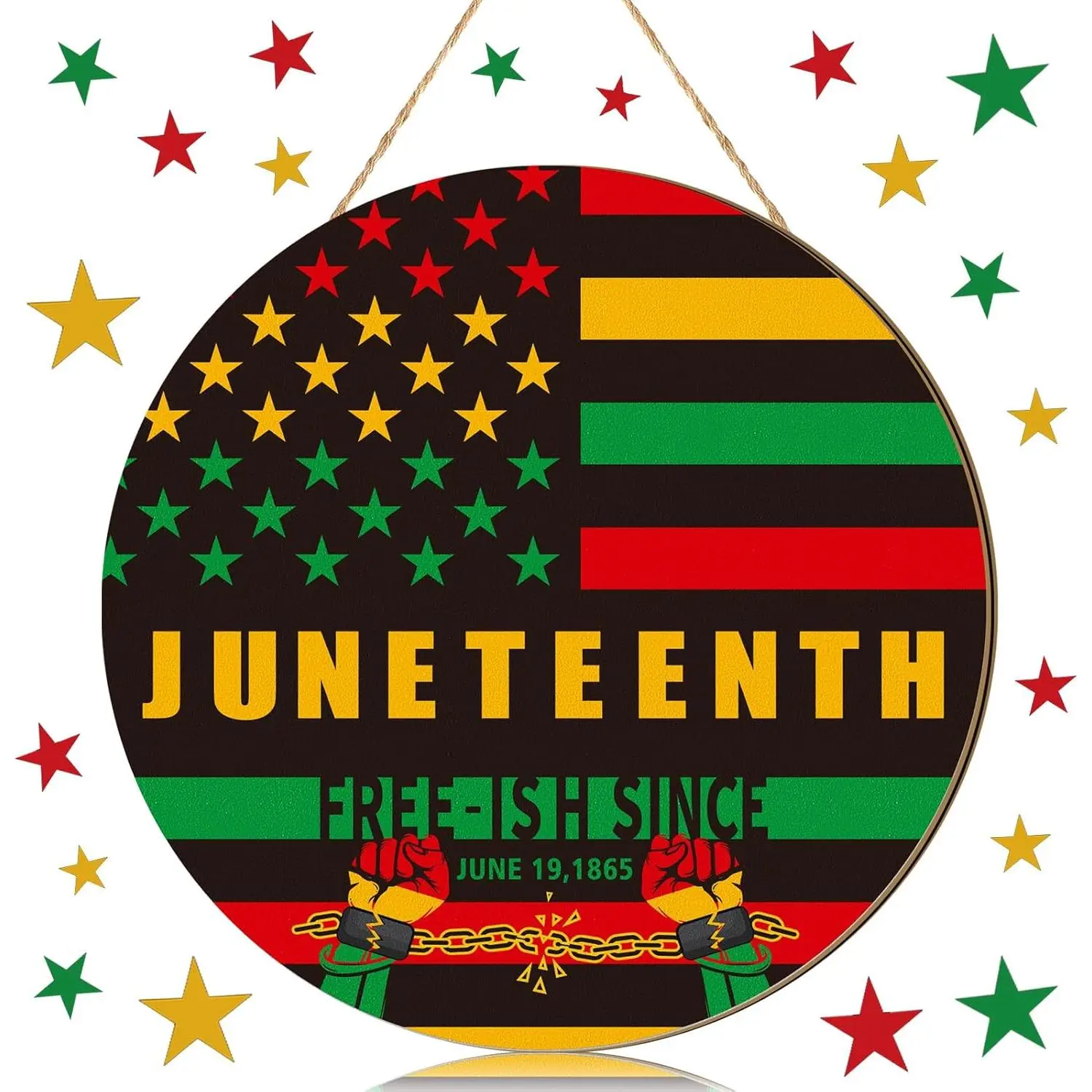 Chunful Juneteenth Decorations Wooden Door Sign, 11.8 Inch Happy Juneteenth Hanging Door Wreath, Round June Freedom Outdoor Decor with Hemp Rope for American Independence Day Festival Celebration