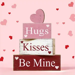 4 Pcs Valentine Decorative Sign & Plaque Hugs Kisses Be Mine Wooden Blocks, Table Centerpiece, Tiered Tray Decor & Decorative Stacked Blocks for Coffee Table, Fireplace Mantel, Floating Shelf