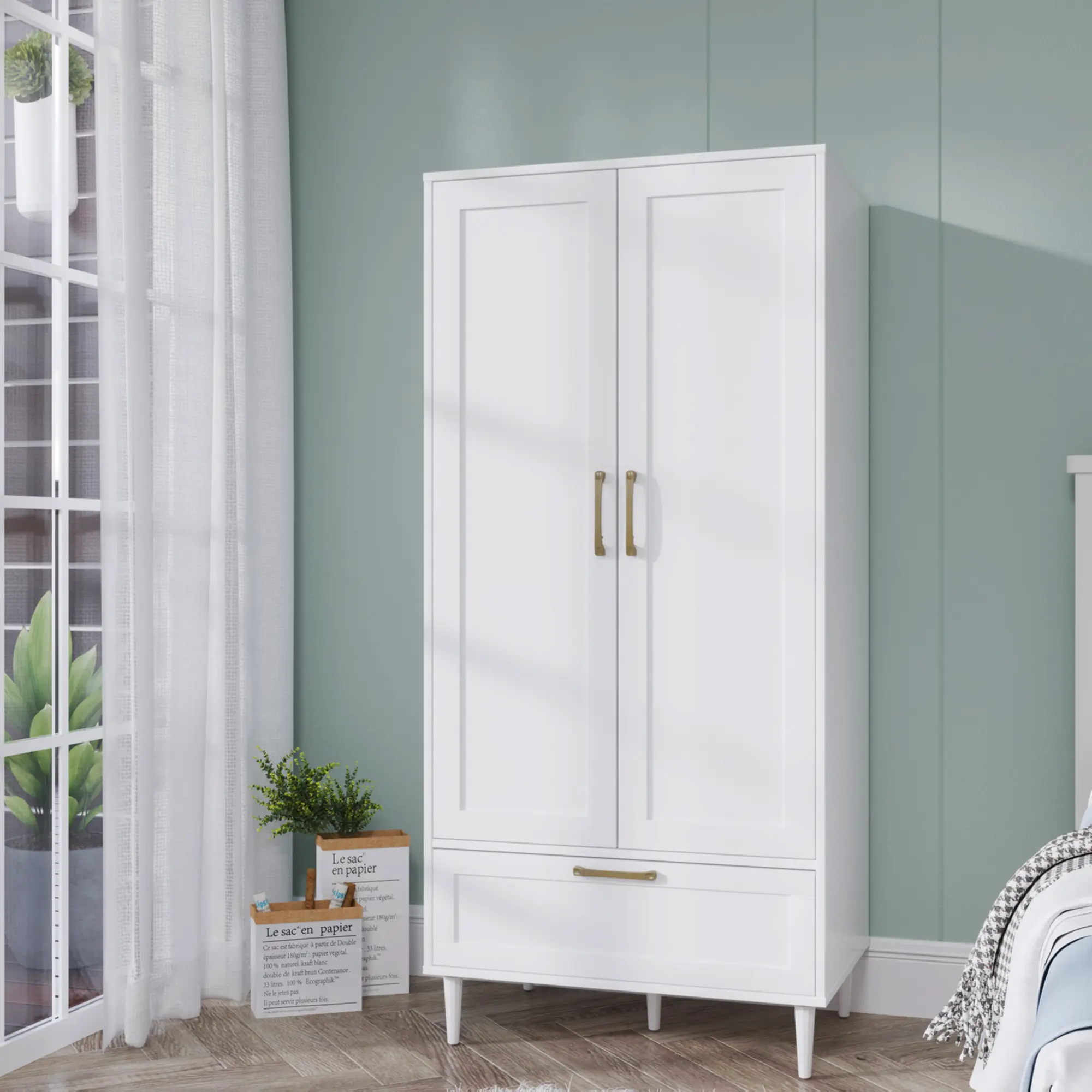 Freestanding Wooden Bedroom Wardrobe Cabinet - 2-Door Freestanding Wardrobe Closet with Drawers, Shelves, Hanging Rods, Armoire Closet Organizer, Ample Space & Multiple Compartments