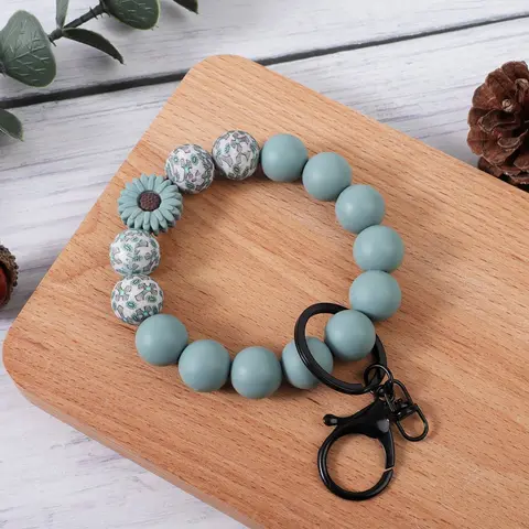 Bohemian Floral Beaded Wristlet Keychain, Macaron Color Silicone Bead Wristlet Phone Strap, Vintage Floral 3D Decor Key Organizer Bracelet, Keychain Jewelry, Floral Pattern Keychain