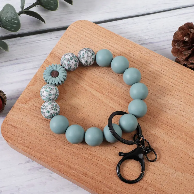 Bohemian Floral Beaded Wristlet Keychain, Macaron Color Silicone Bead Wristlet Phone Strap, Vintage Floral 3D Decor Key Organizer Bracelet, Keychain Jewelry, Floral Pattern Keychain