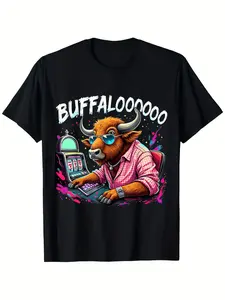 Buffalo Slot Machine Funny Graphic T-Shirt - Retro Gaming Design with Buffalo & Slot Machine Art, Soft Breathable Crew Neck Tee for Men & Women, Unisex Casual Streetwear, Machine Washable, Themed Party Outfit for Gaming Events & Casual Attire
