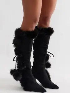 Pompom Faux Fur Boots - Black