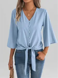 Women's Solid Button Tie Front Shirt Blouse, Casual 3/4 Sleeve V Neck Top for Summer, Women's Clothing for Daily Wear