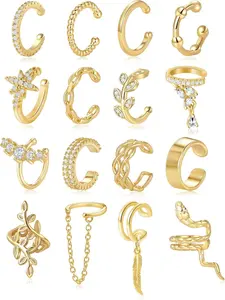 16 Pcs Ear Cuff Earrings for Women Non Piercing Gold Silver Plated Ear Cuffs Non Pierced Snake Leaf CZ Star Feather Waterdrop Chain Ears Cuff Wrap Earring Clip on Cartilage Helix Fake Earrings Lightweight Adjustable